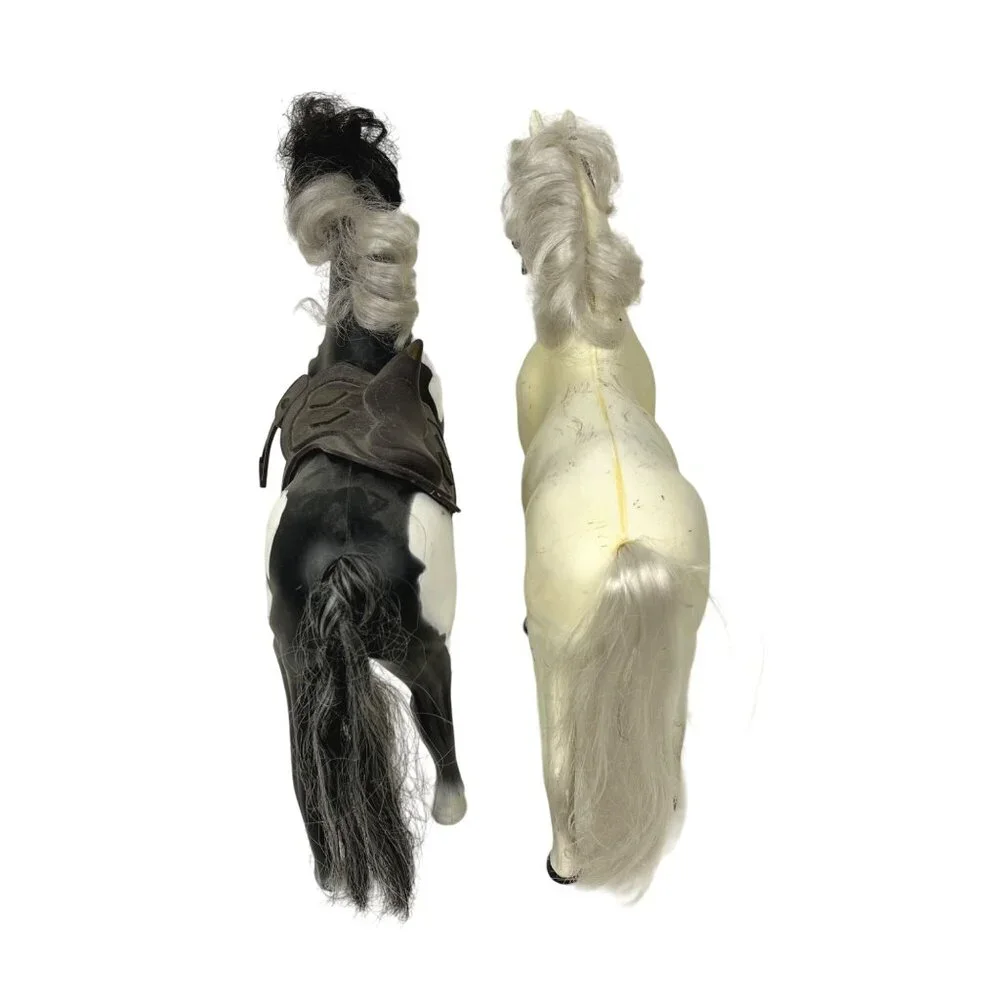 Black & White Pinto Horse & White Horse Kid Kore Plastic Toy Bridle & Saddle